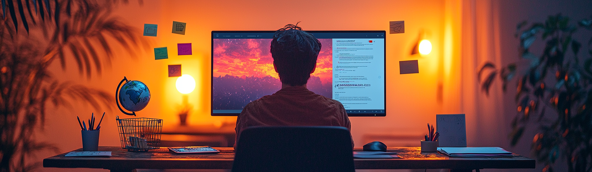 A modern office with a computer and objects.