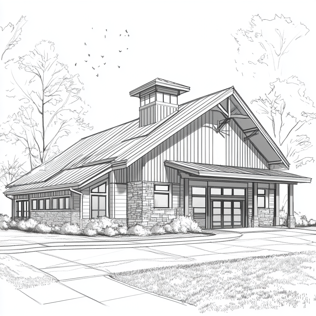 A modern rustic firestation drawing in black and white