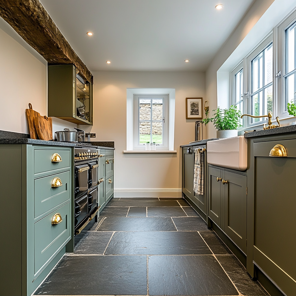 A modern shaker kitchen with vintage brass fittings.