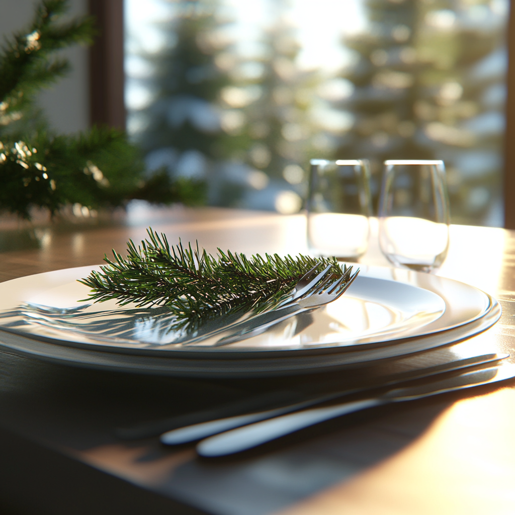 A modern table with fir tree flatware in sunlight