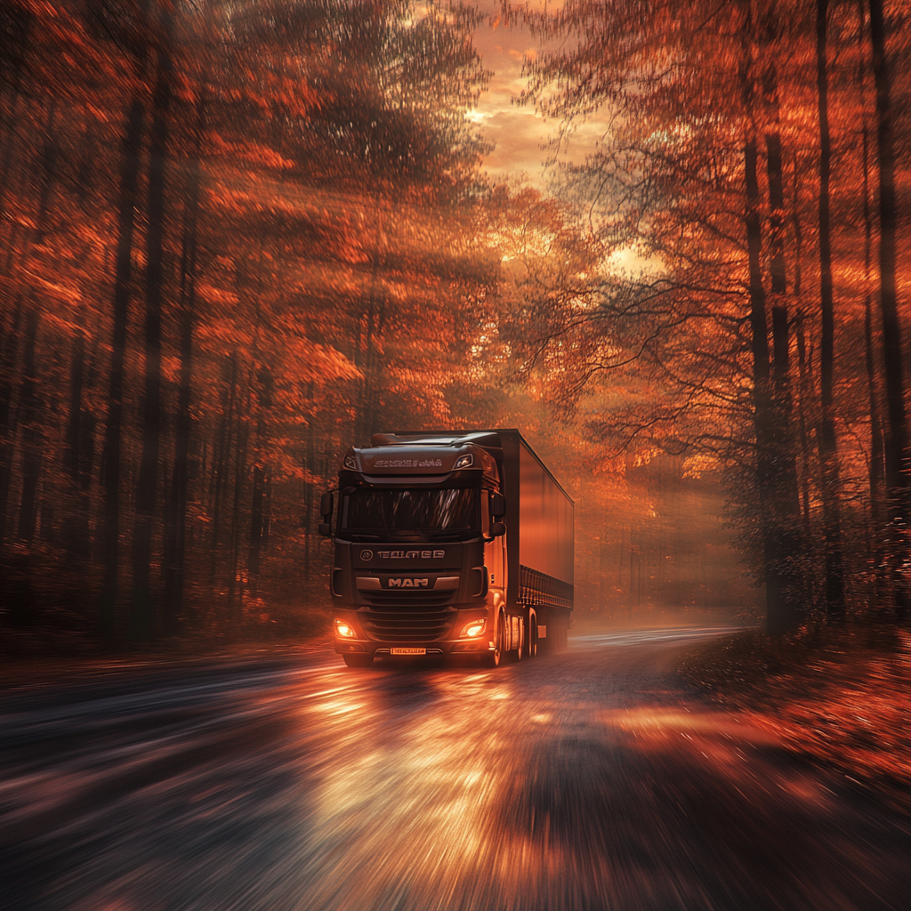 A modern truck drives on forest road at sunset