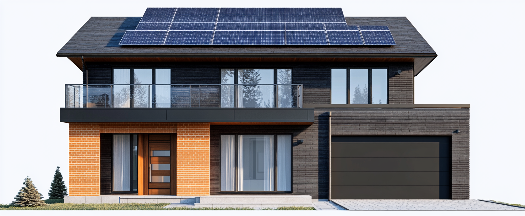 A modern two-story black house with solar panels.