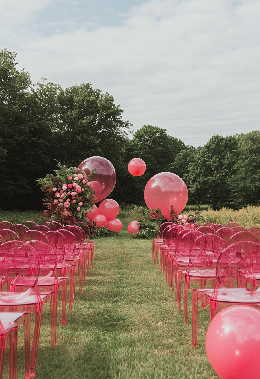 A modern wedding ceremony with pink balloons and ferns