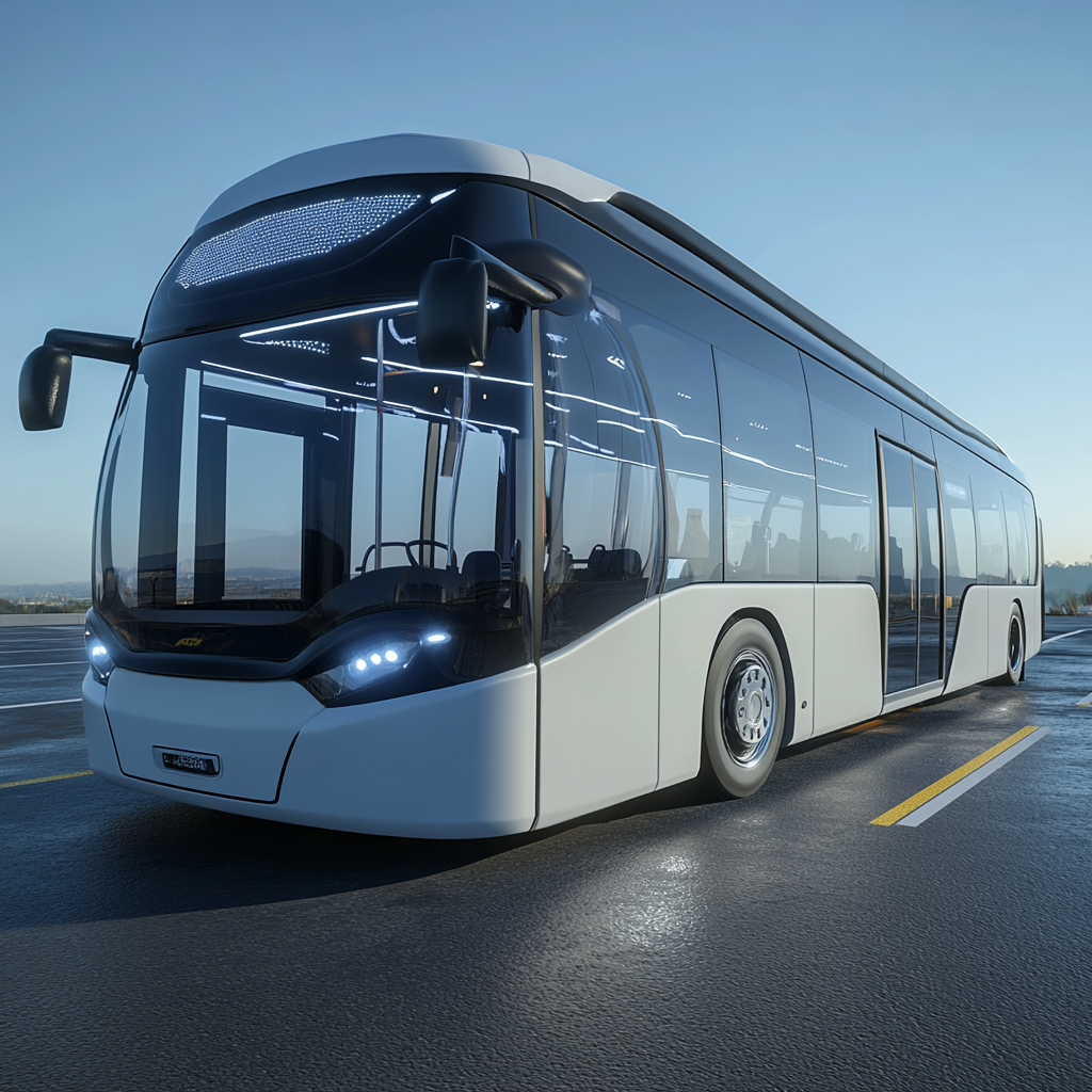 A modern white bus with LED lights parked.