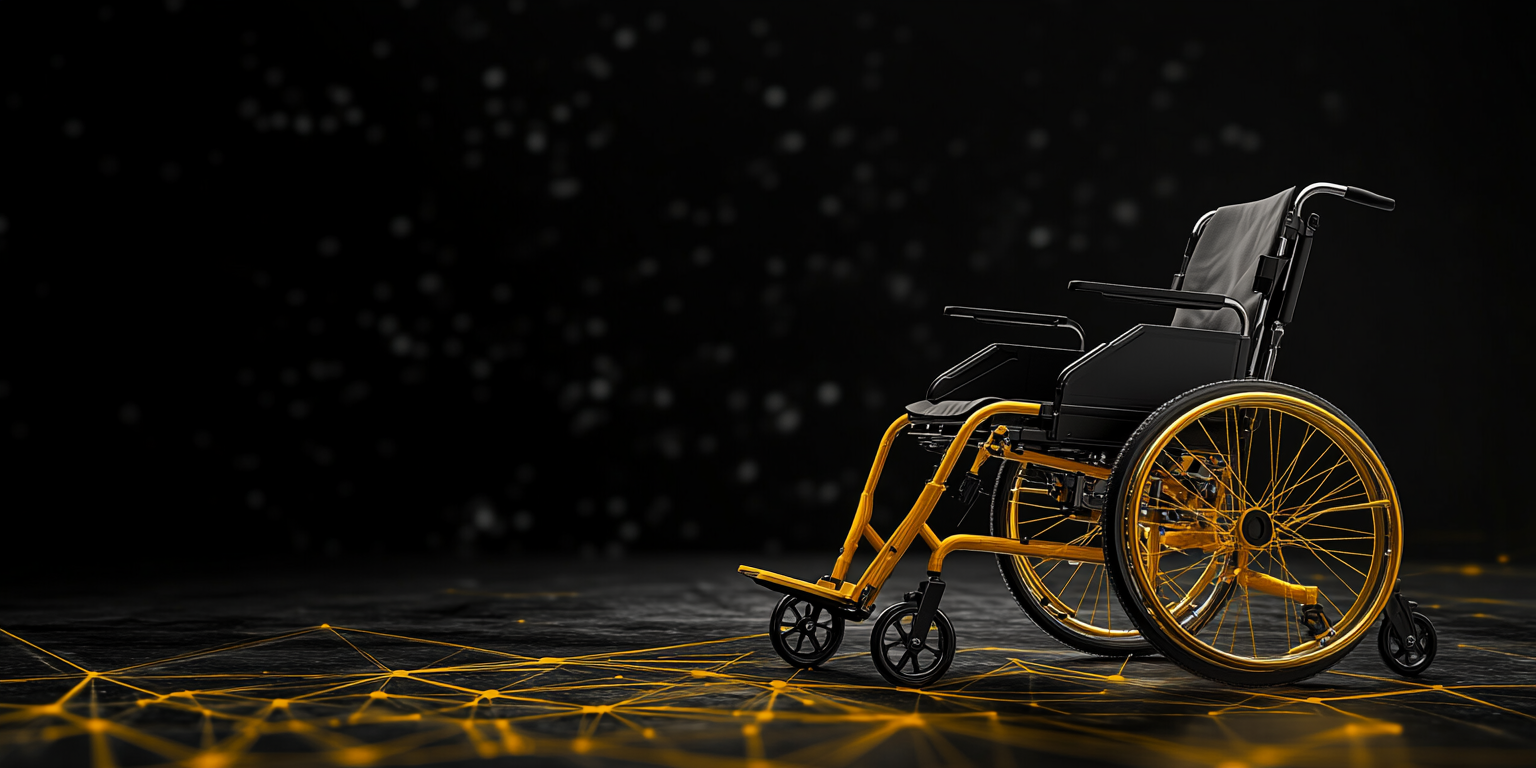 A modern yellow wheelchair on sleek black background.