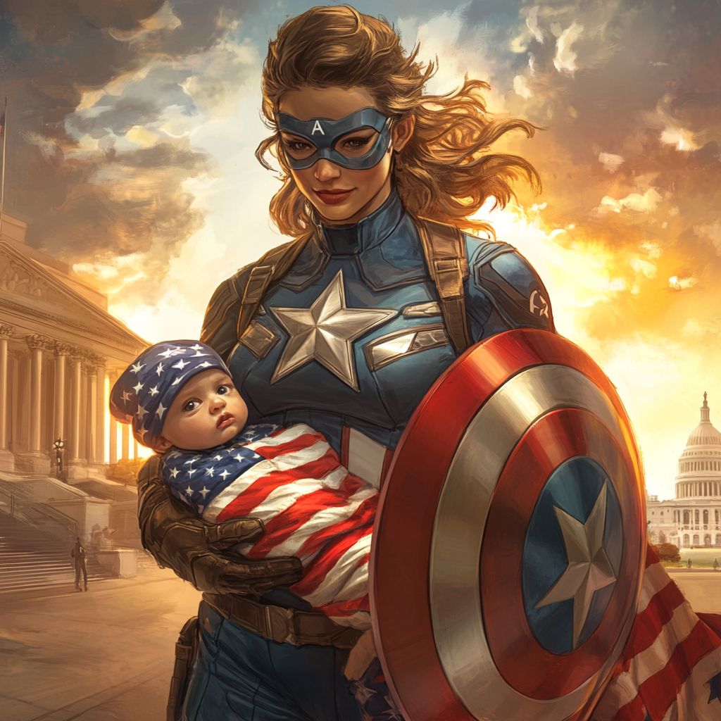 A motherly Captain America holds baby in patriotic blanket.