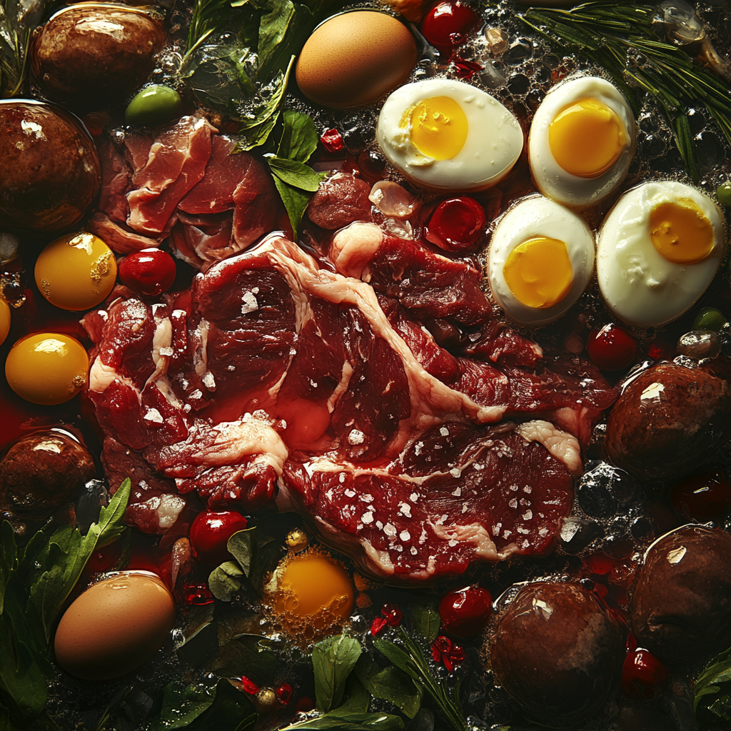 A mouthwatering Carnivore background with meat and eggs