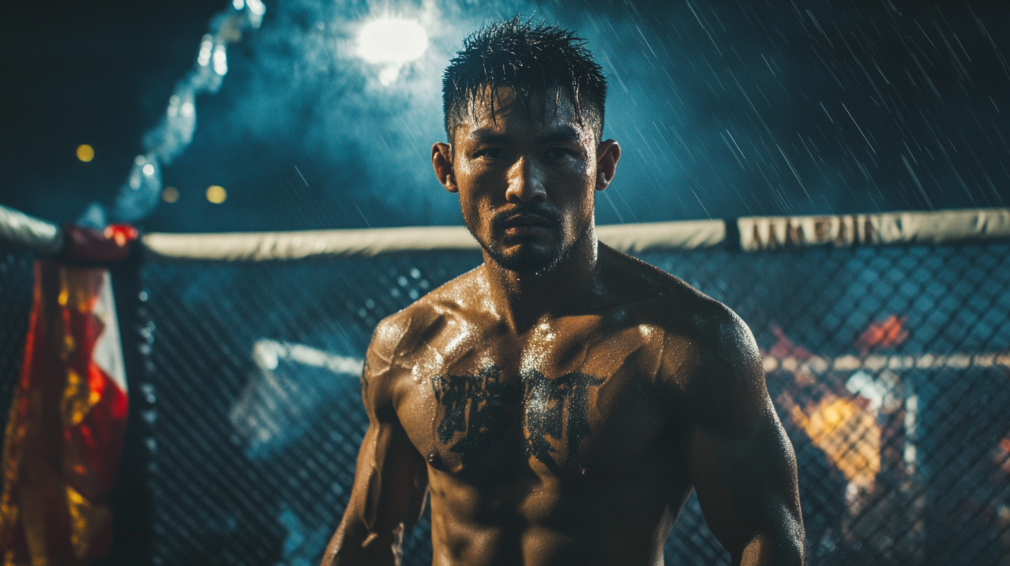 A muay thai fighter victorious, exiting the ring