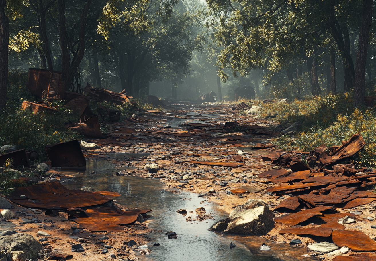 A muddy riverbed in forest filled with metal scraps.