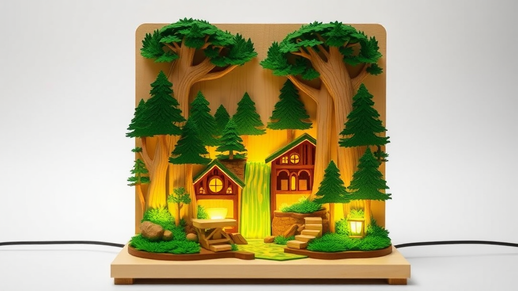 A multilayer wood diorama of a forest waterfall.