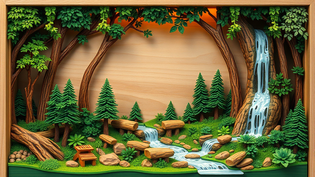 A multilayered wood diorama of a green forest waterfall.