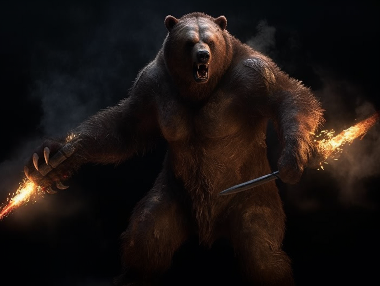 A muscular bear with a flaming spear in 4K.