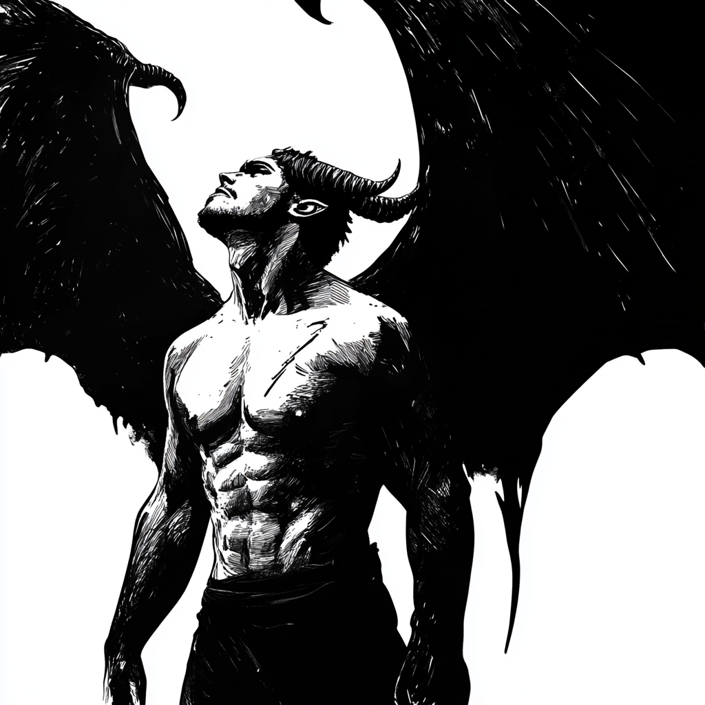 A muscular demon with large wings reaching upwards.