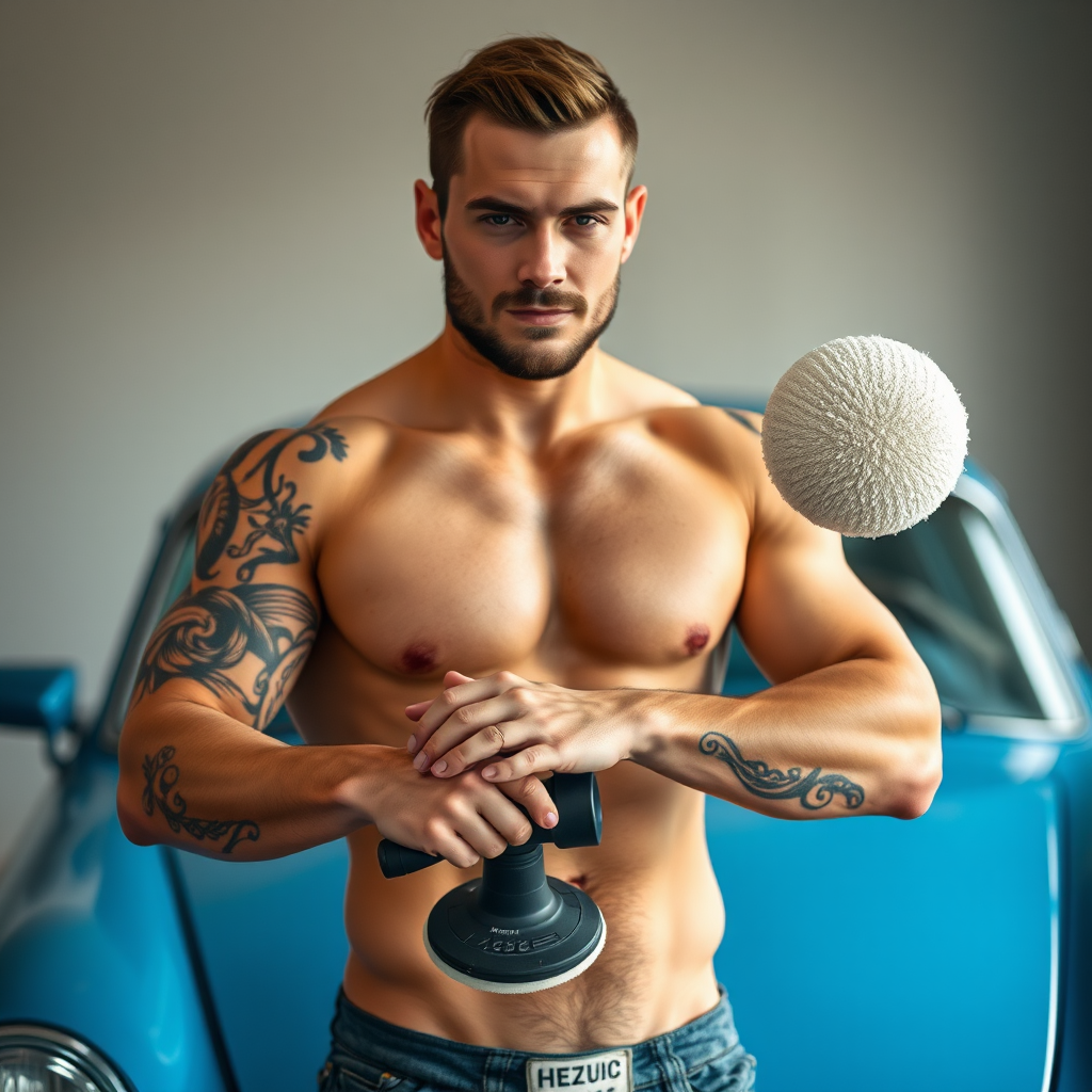 A muscular handsome man with tattoos holding car polisher.