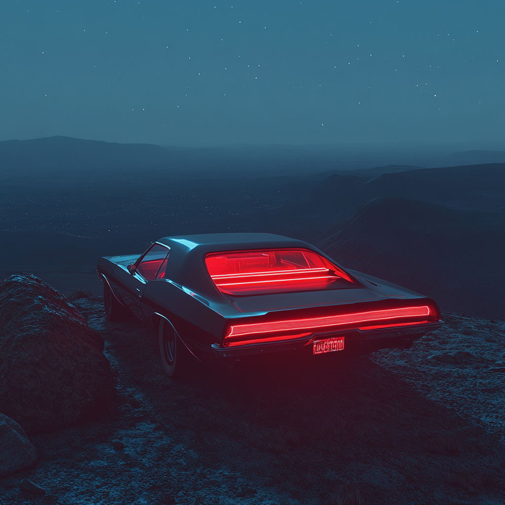 A mysterious 1970s American muscle car on mountain.