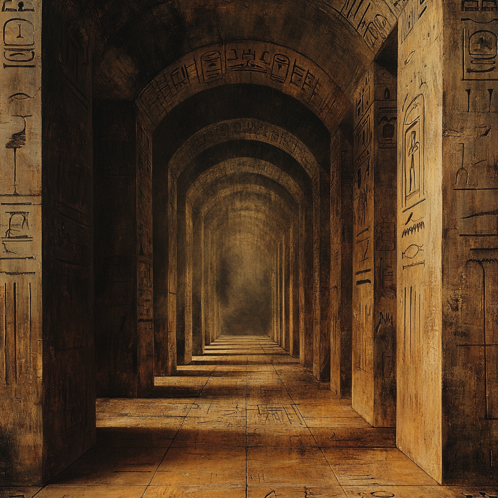 A mysterious Egyptian tunnel with glowing symbols.