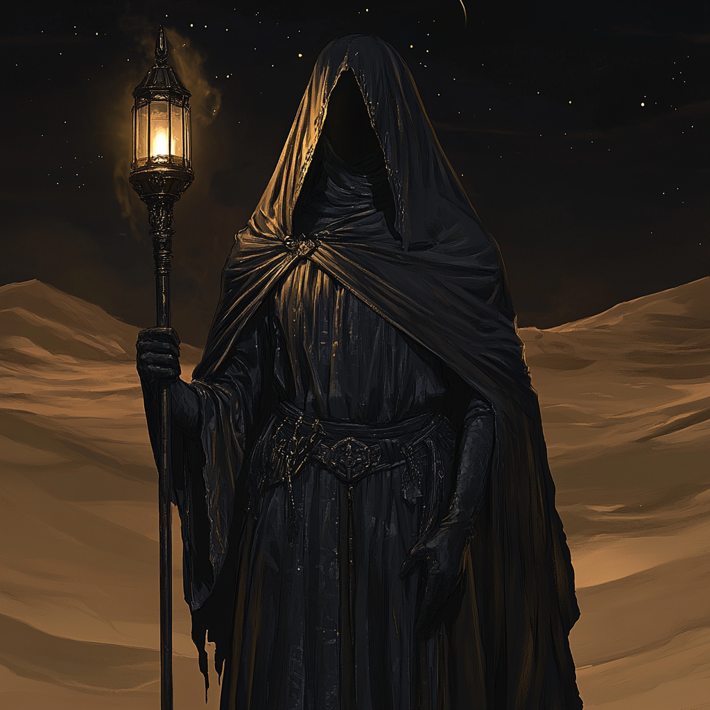 A mysterious female cleric holds lantern in desert.