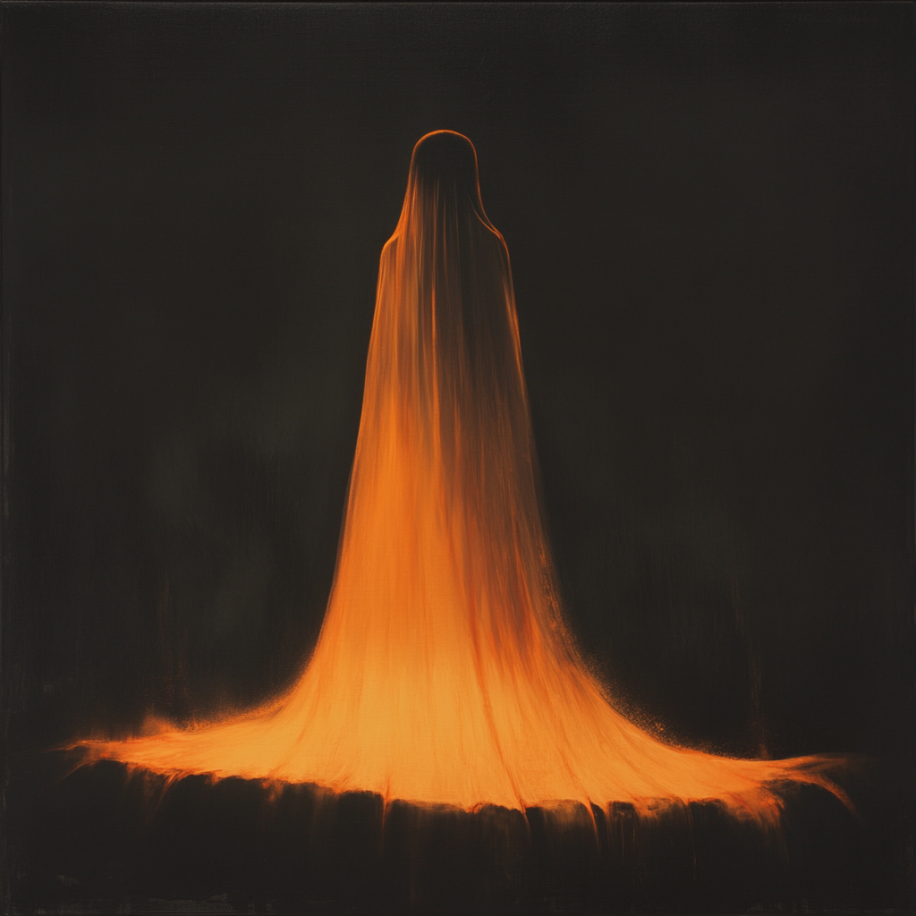 A mysterious figure in glowing orange gown peacefully watches