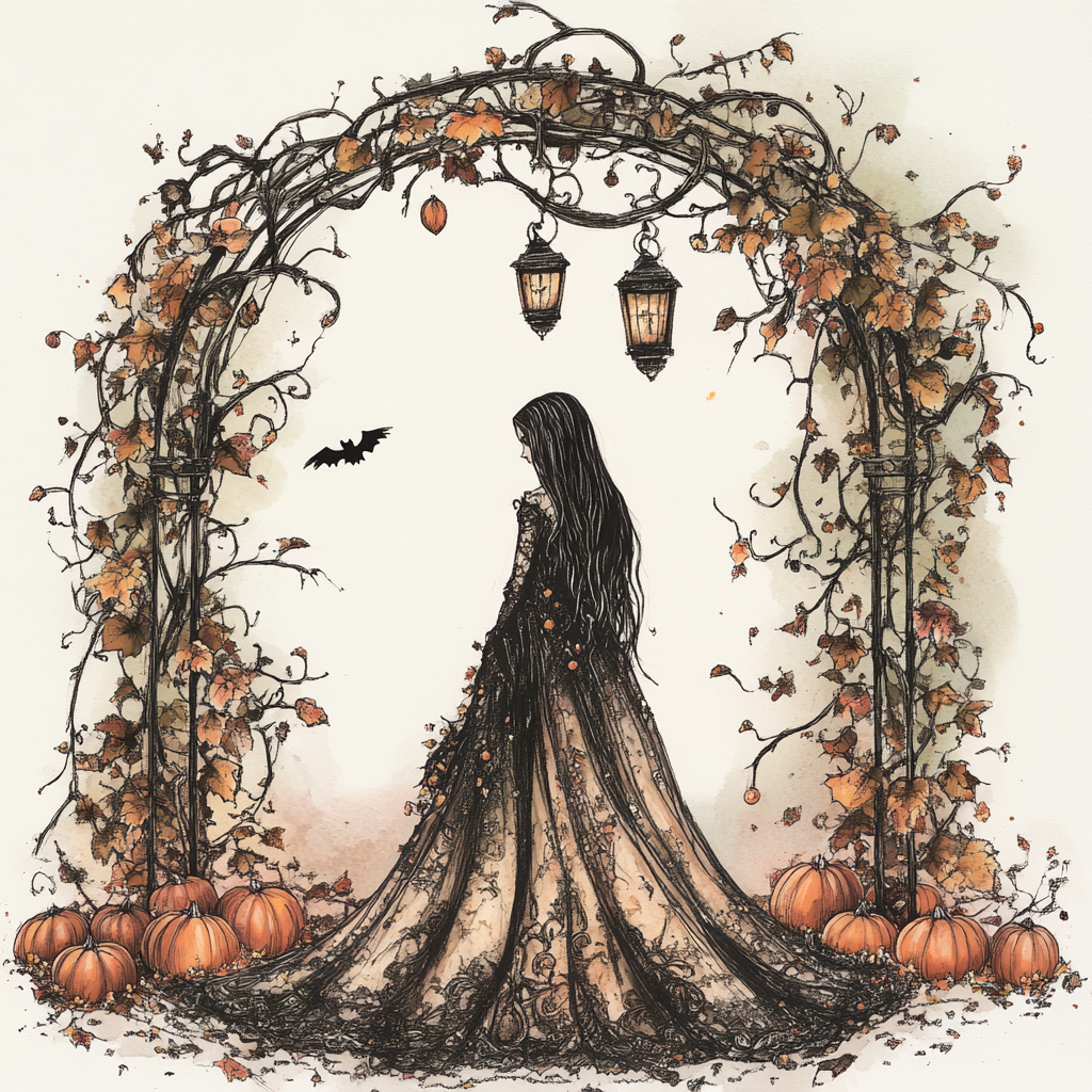 A mysterious figure in ornate gown beneath arched trellis.