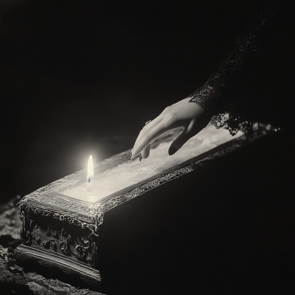 A mysterious hand emerges from vintage coffin.