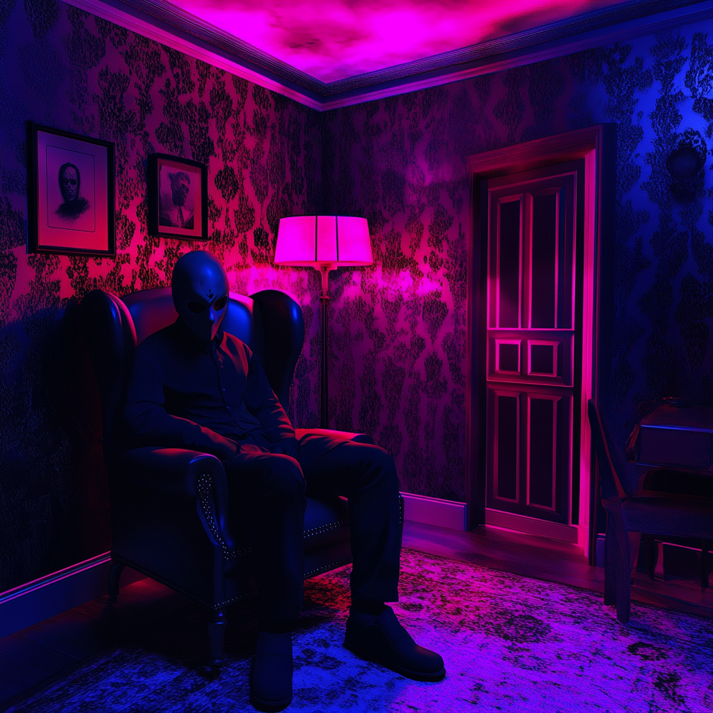 A mysterious man in a room with colorful lights.