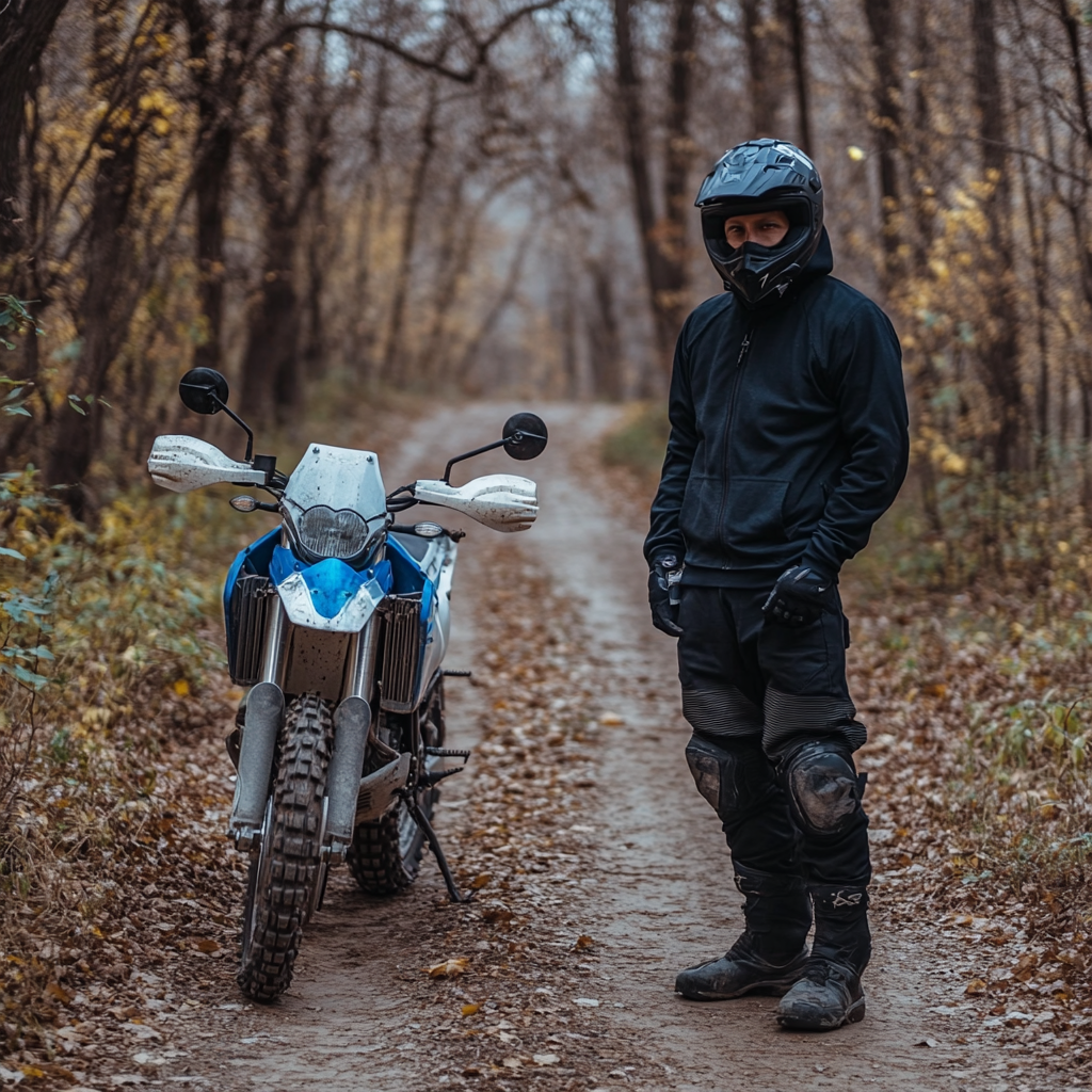 A mysterious man with black outfit and motorcycle