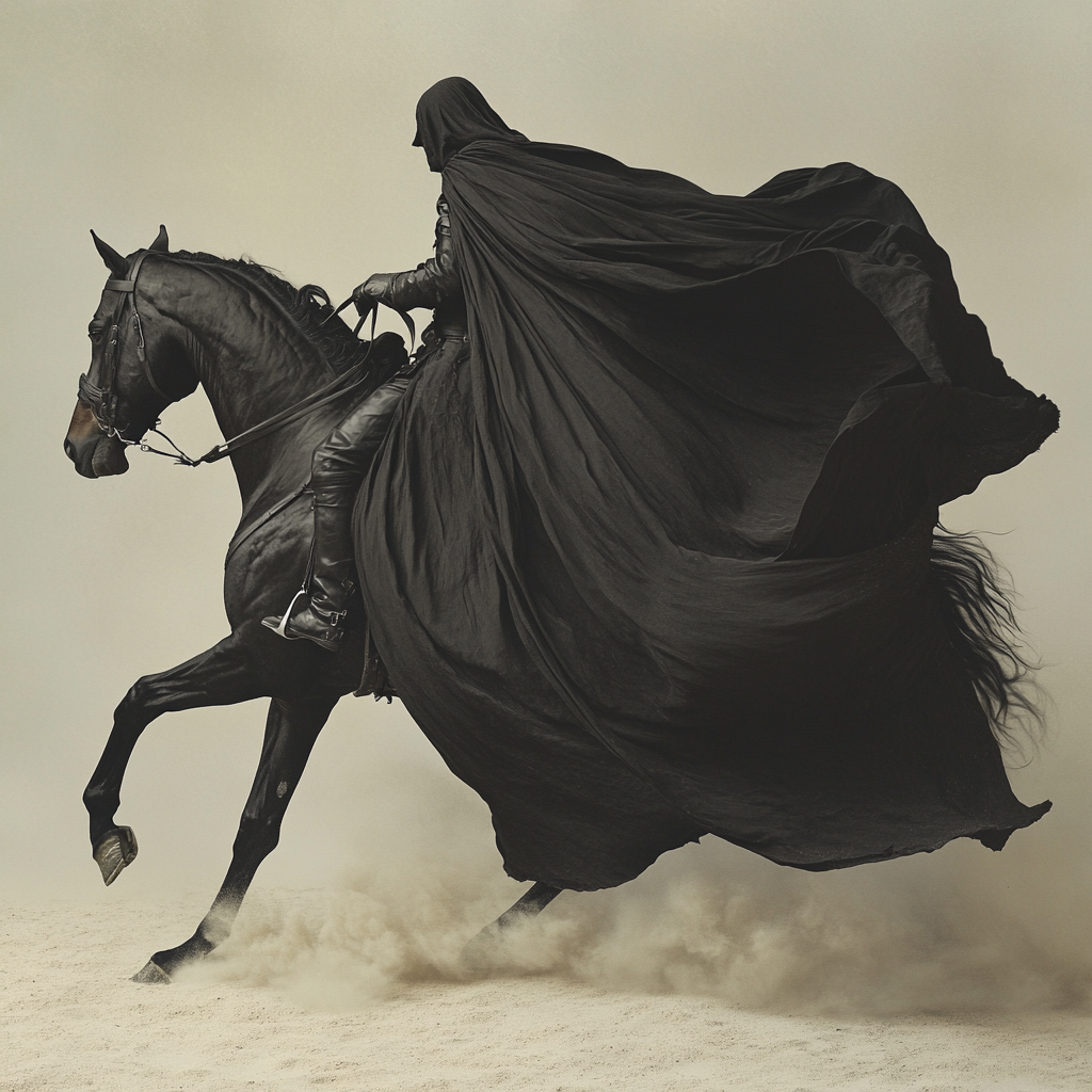 A mysterious rider on black horse galloping forward.