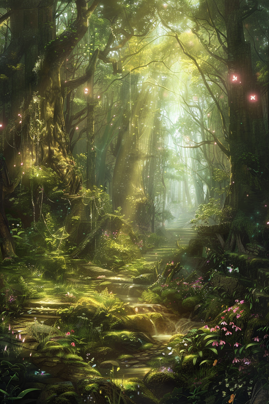 A mystical forest with ancient trees, fairies, and orbs.