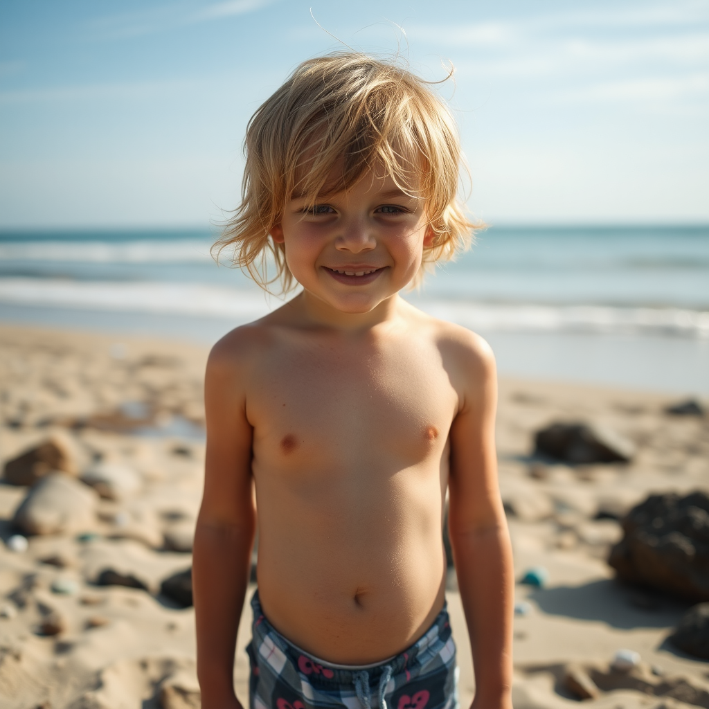 A naked child playing in the sand.