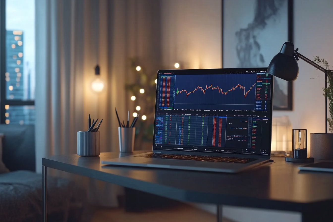 A neat desk with laptop showing investment charts