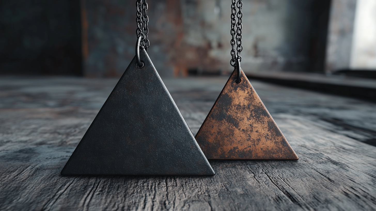 A necklace with two iron triangles.