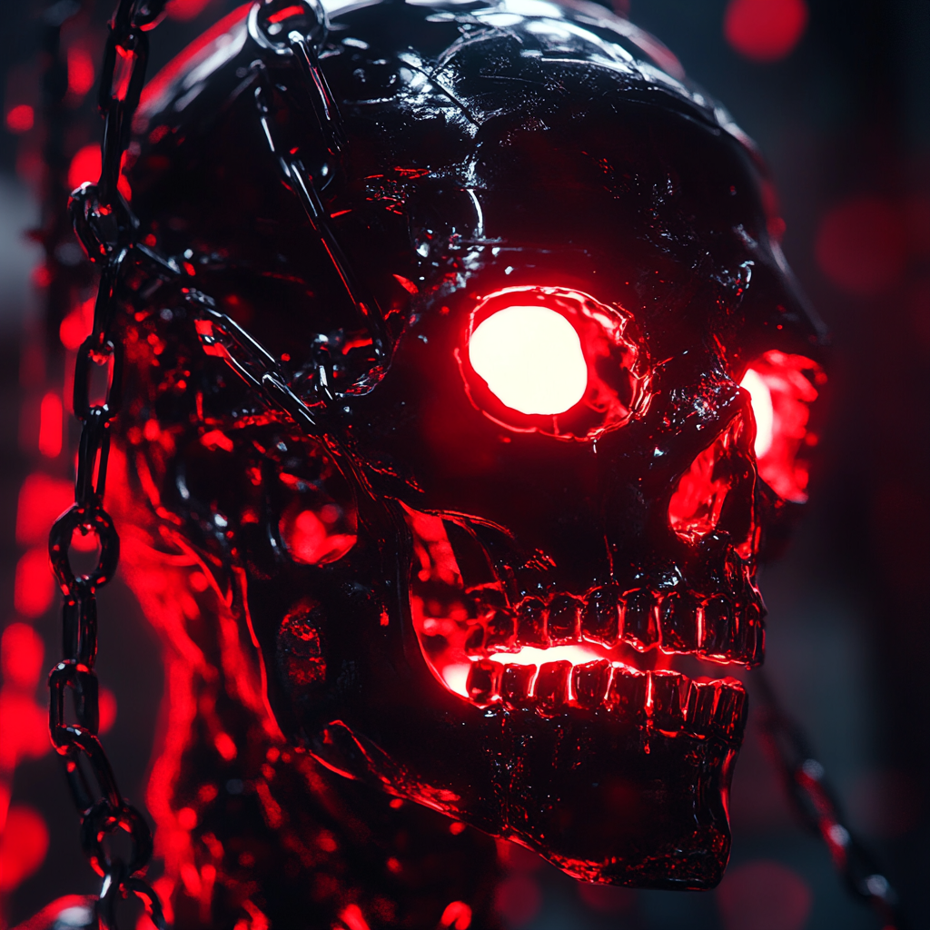 A neon glass cyberpunk skull with glowing eyes.