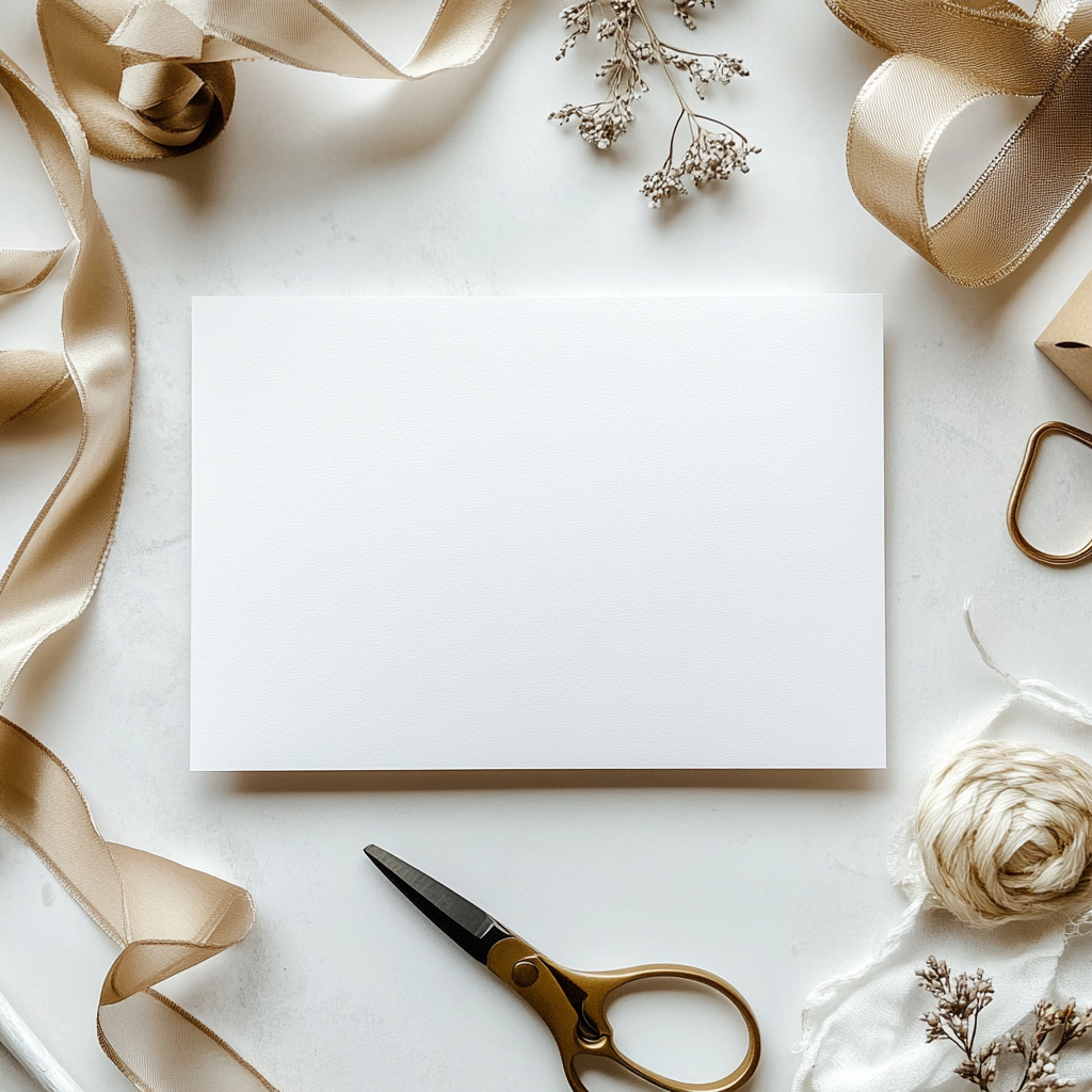 A neutral themed greeting card surrounded by office supplies.