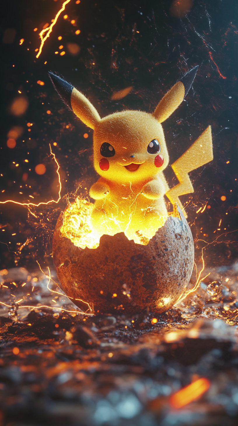 A newborn Pichu with electric sparks in dramatic lighting.