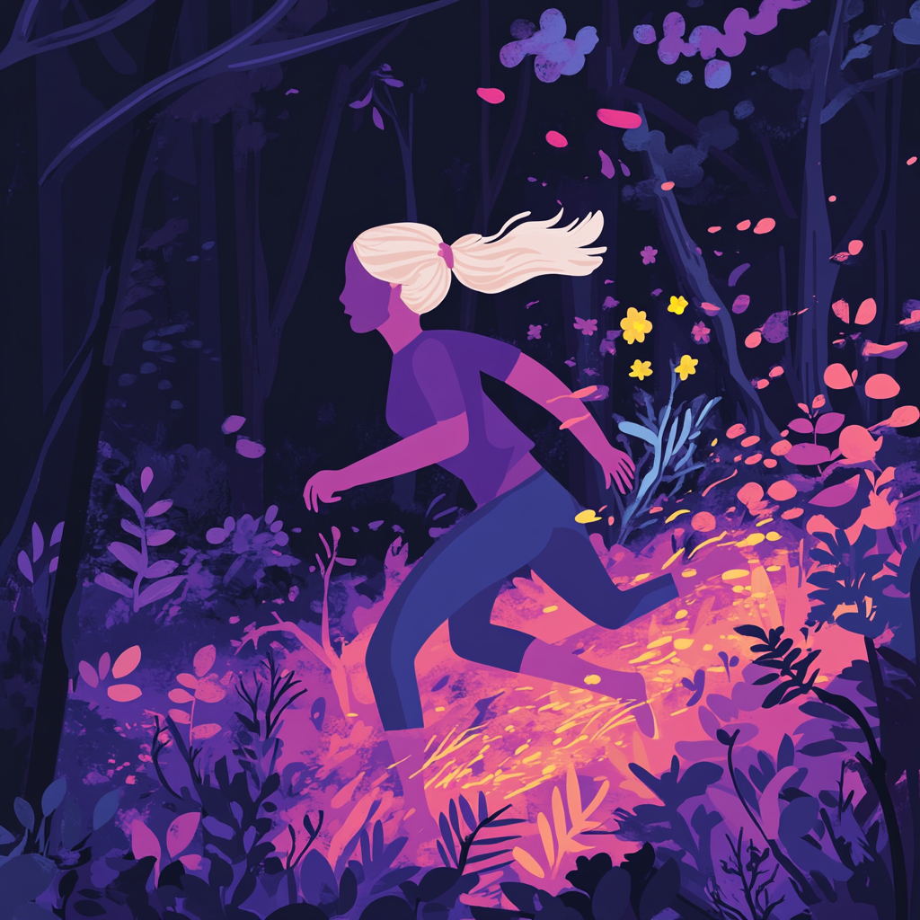 A non-binary person with female features running in forest.