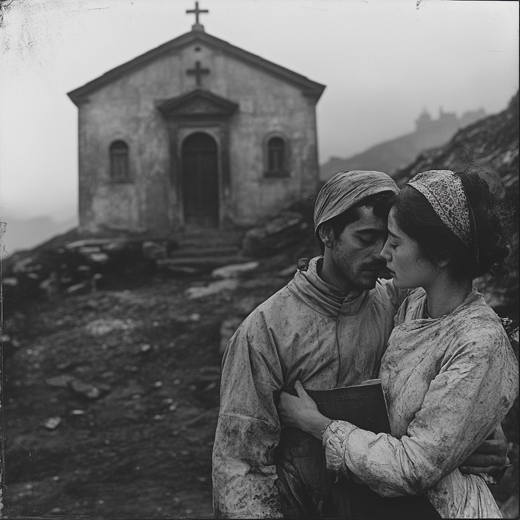 A nurse holding dying man in front chapel