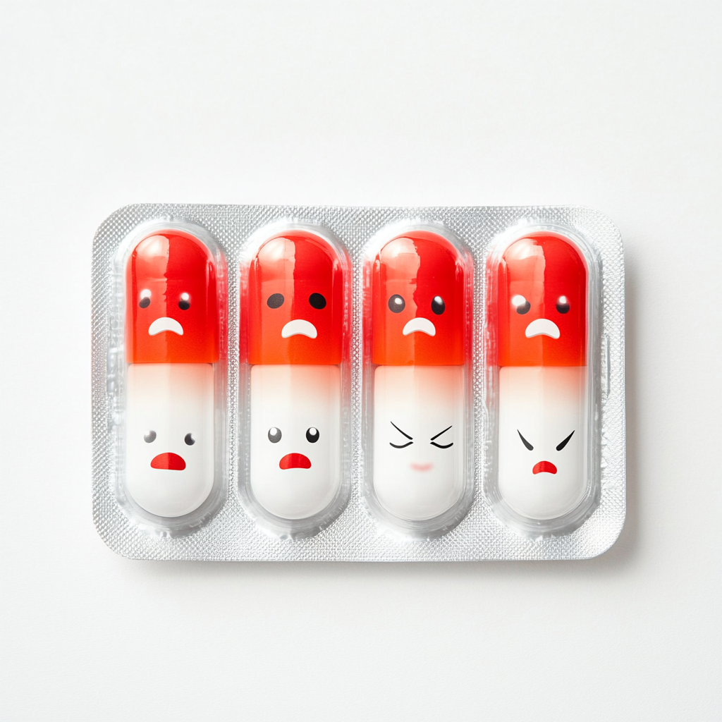 A pack of pills with human faces showing emotions.