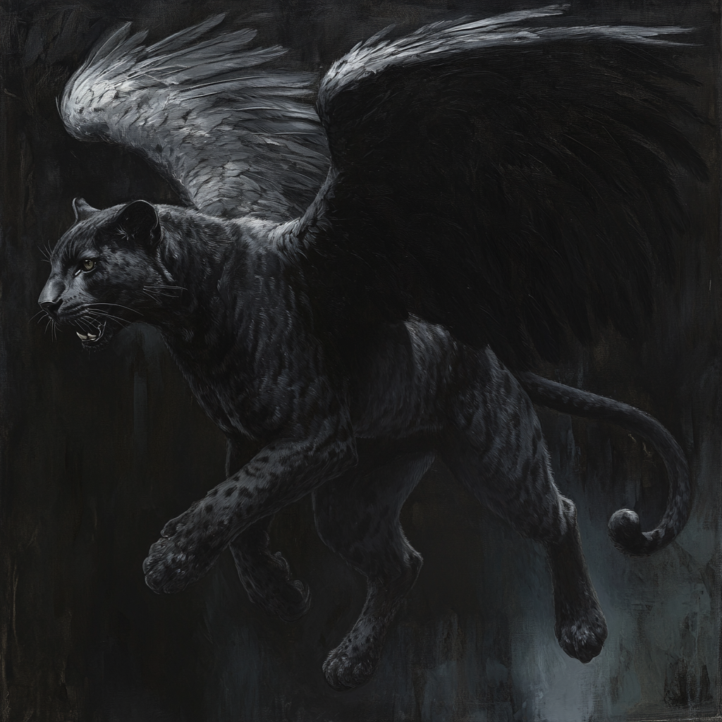 A painting of a panther with black wings.