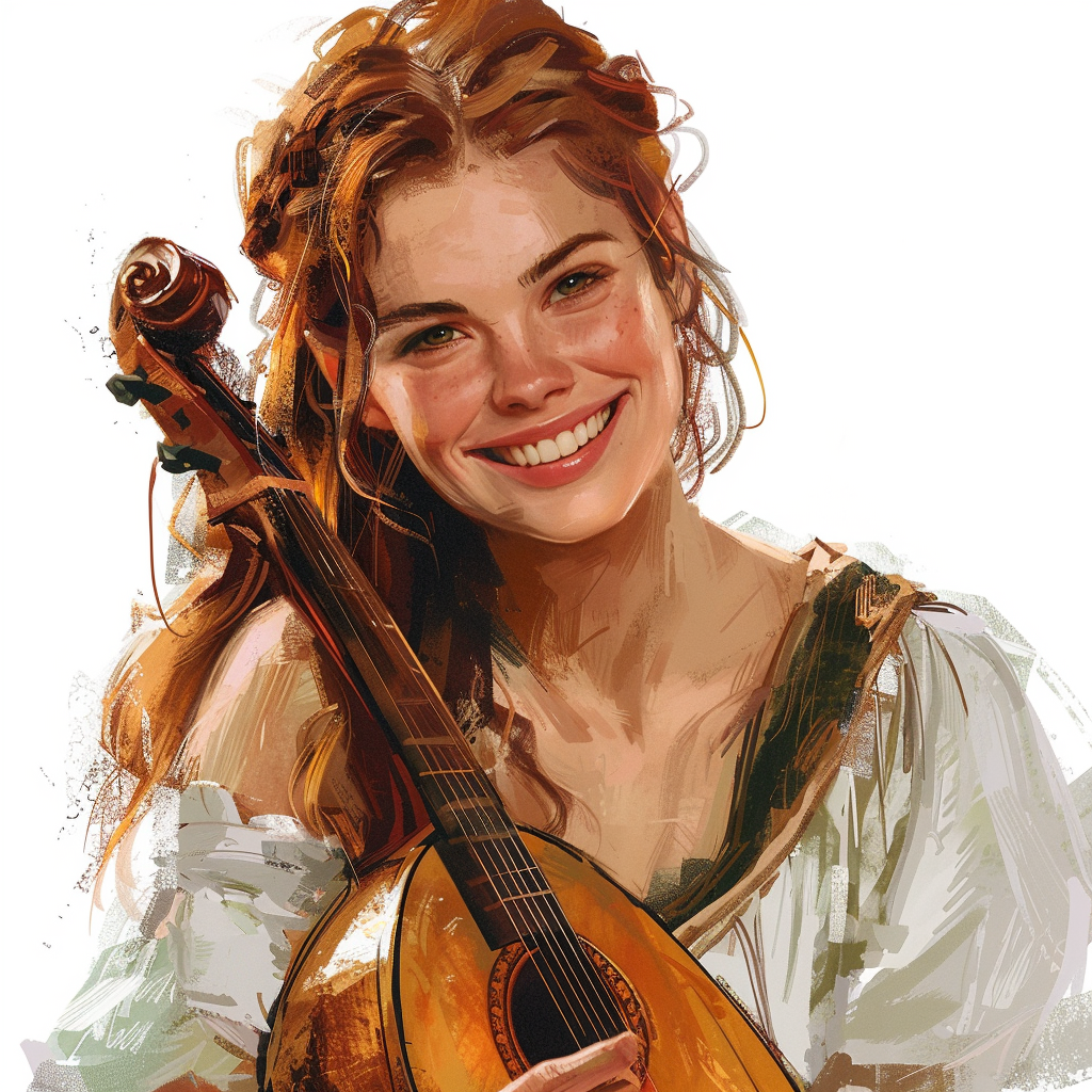 A painting of a smiling half-elf with lute