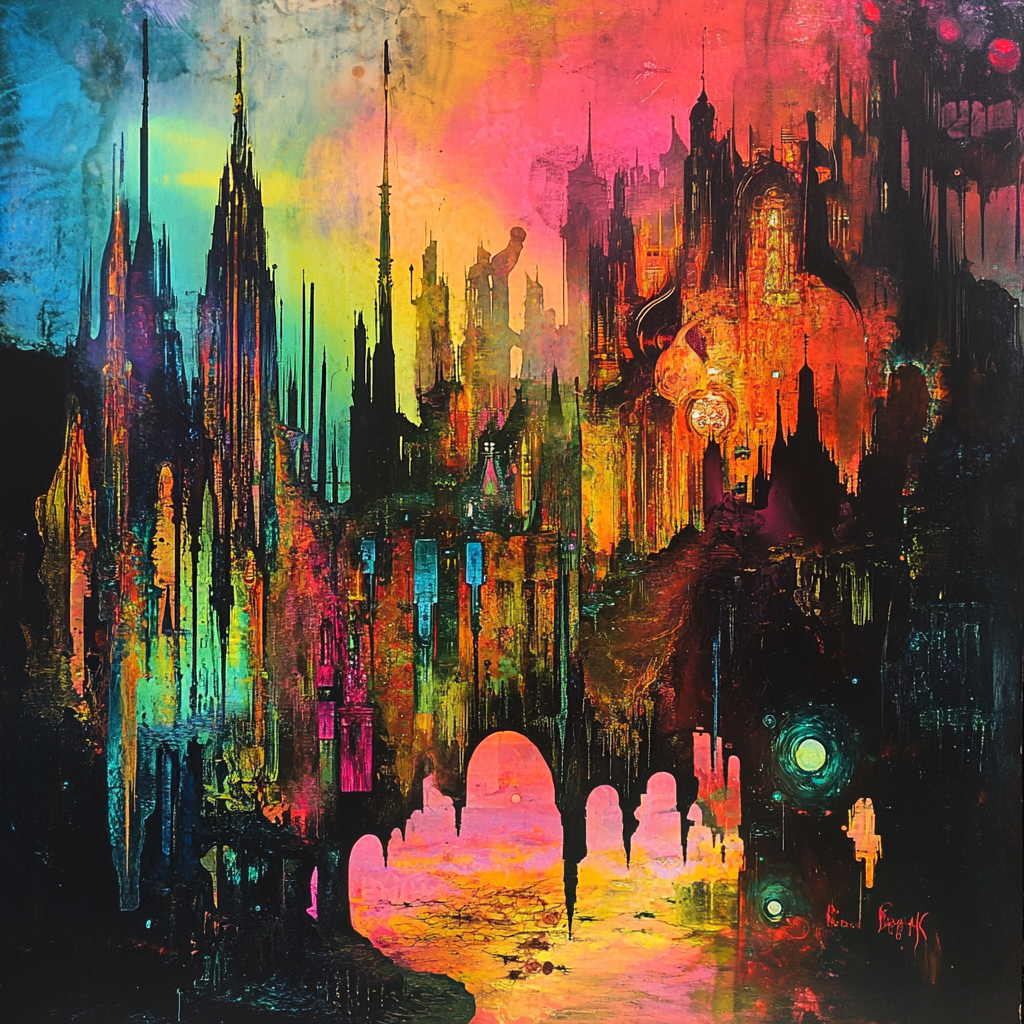 A painting of colorful, futuristic city by inter-dimensional beings.