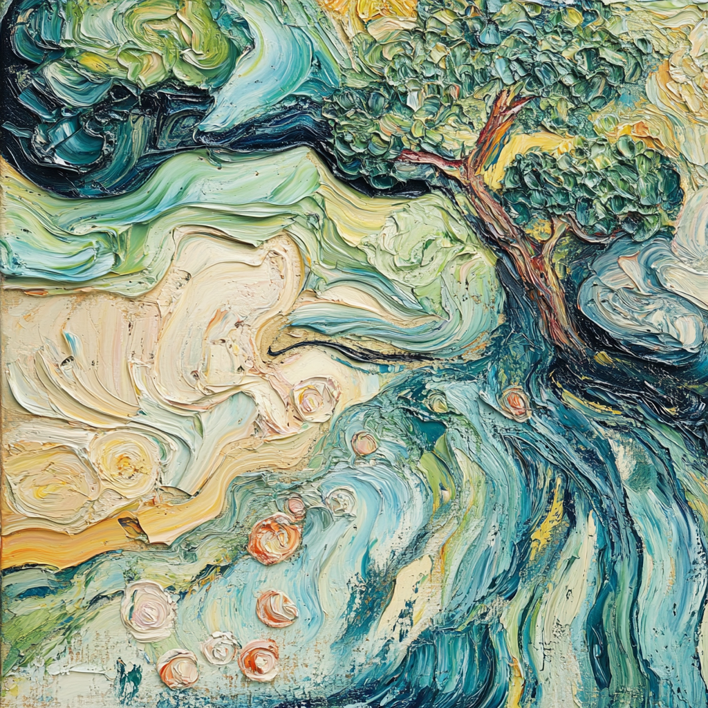 A painting of lush land in Van Gogh style