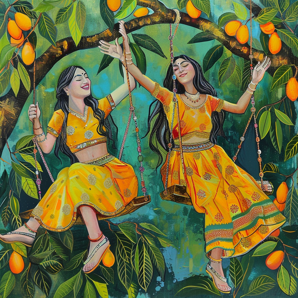 A painting of two giggling Indian girls swinging