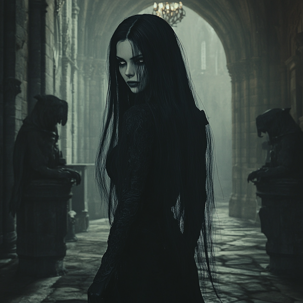 A pale vampire woman with long hair in castle.