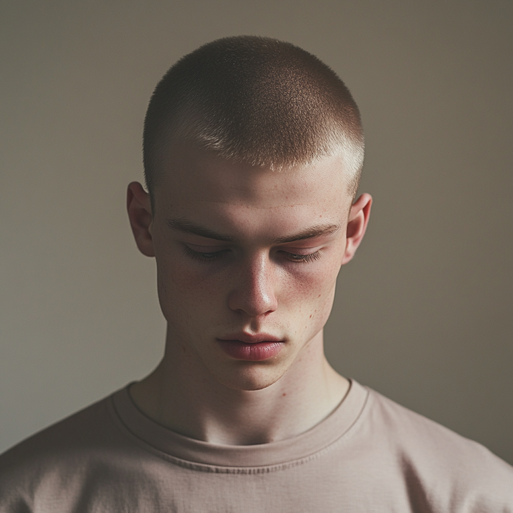 A pale young man in a t-shirt