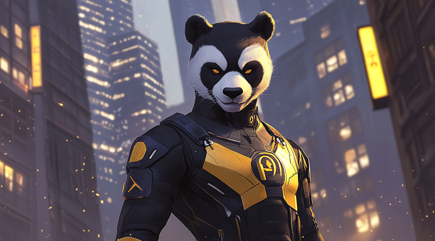 A panda superhero in black and gold costume