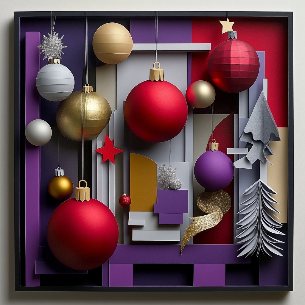 A paper diorama with silver, purple, red, gold