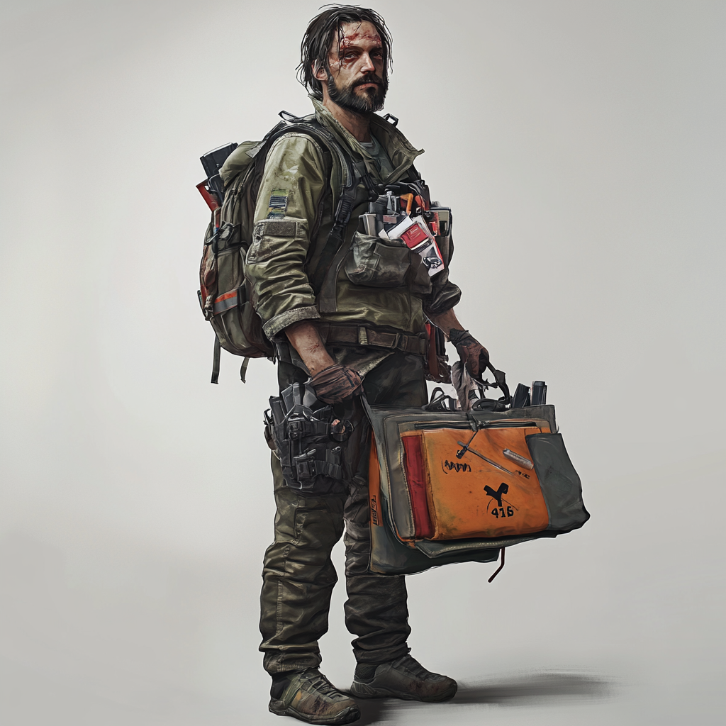 A paramedic in post-apocalyptic world with medical supplies.