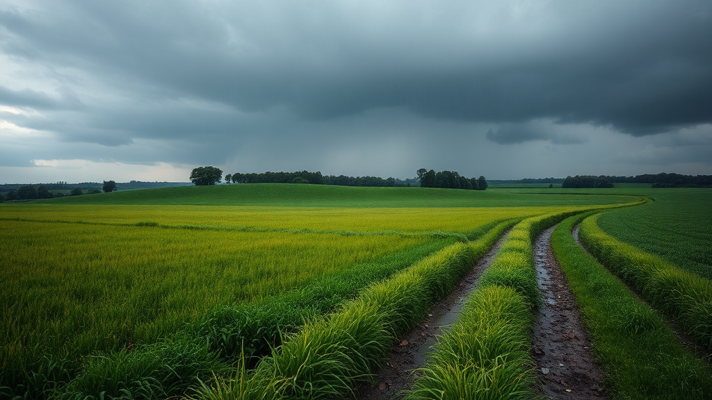 A path through a wet countryside field.