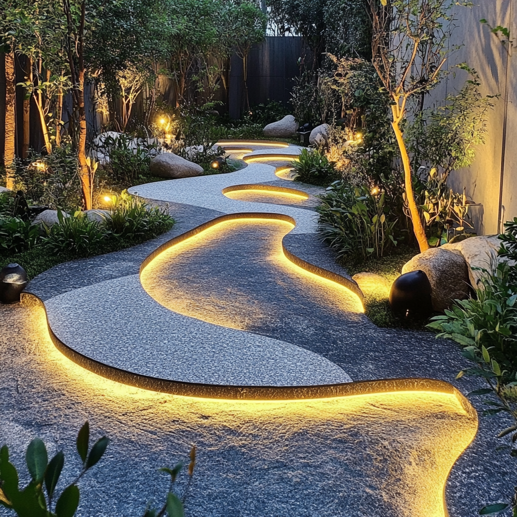 A pathway with wavy garden plants and lights