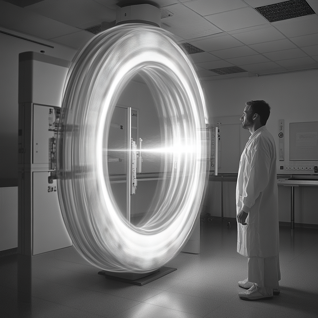 A patient standing in hospital room for X-ray.